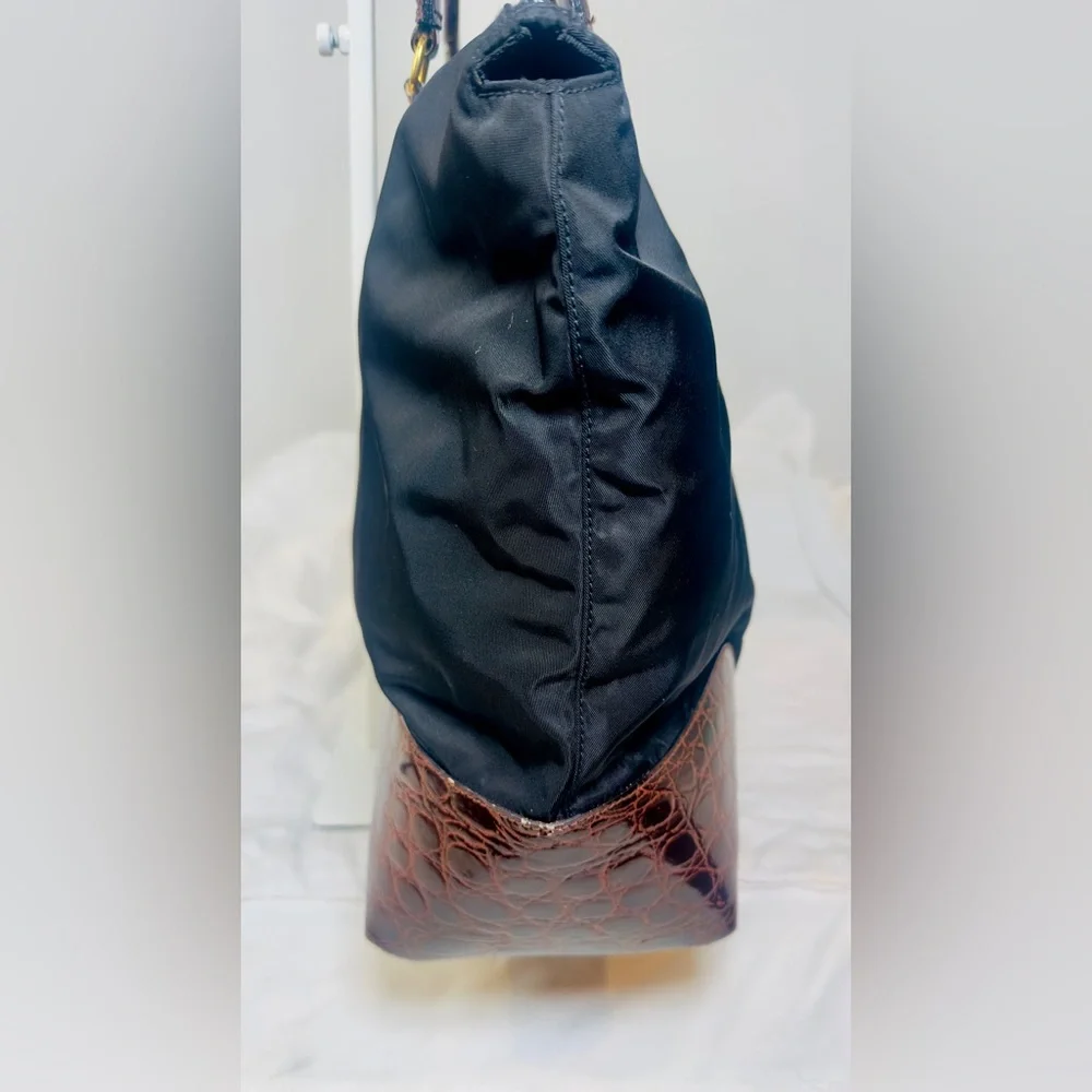 Prada Black Nylon Tote with Croc Embossed Trim
